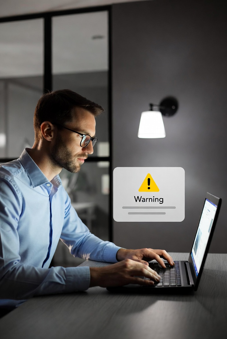 Small Business Owner Looking Concerned At Laptop Screen With Warning Notification Visible, Modern Office Setting, Professional Photo